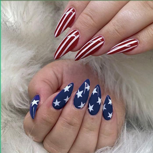 Faux ongles à presser en amande, motif drapeau américain, étoiles et rayures patriotiques, pour le 4 juillet, Jour de l'Indépendance, réutilisables, pour femmes, vente en gros usine - Product Image 1