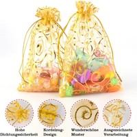 STARUBY Sacs Cadeaux en Organza Doré Effet Tourbillon, Lot de 100, 5x7 Pouces, avec Cordon en Maille et Ruban, Logo Personnalisé, pour Mariage, Fête, Douche Nuptiale, Faveurs de Noël
