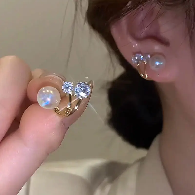 Luxury Fine Jewelry Mermaid Freshwater Pearl 925 Sterling Silver Rhinestone Crystal Pearl Stud Earrings