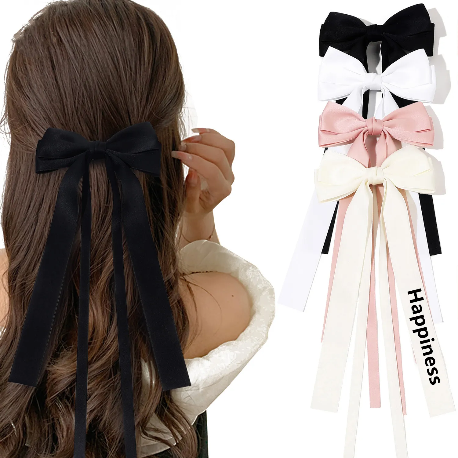 Biểu Tượng Tùy Chỉnh Dài Ribbon Hai Lớp Lớn Bow Tóc Clip Cô Gái Phụ Nữ Barrettes Hairclips Lụa Satin Bowknot Mùa Xuân Clip