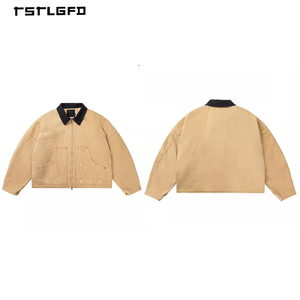 High Quality Khaki Utility Jacket Round Collar Wooden <b>Button</b> Front Two Patch Pockets Hem Drawstring Oversized Fit Jacket - Product Image 3