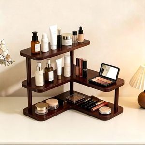 Wooden L-shaped Corner <b>Shelf</b> 3-tier <b>Desktop</b> Storage Rack Cosmetic Organizer Multipurpose Display Stand - Product Image 1