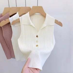 I-0704 Cárdigan de Punto Nuevo de Verano al por Mayor para Mujer, Chaleco Corto Dulce con Tirantes Finos, Top sin Mangas con Cuello - Product Image 6