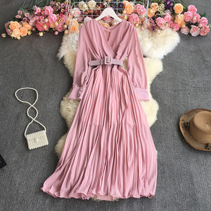 Moda <span class=keywords><strong>a</strong></span> pieghe retrò abito scollo <span class=keywords><strong>a</strong></span> V in vita dimagrante gonna grande posto gonna <span class=keywords><strong>a</strong></span> trapezio abito Casual da donna di <span class=keywords><strong>classe</strong></span> - Product Image 5
