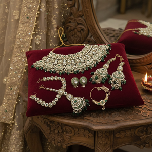 High Quality Latest Designed Ethnic Kundan <b>Gold</b>-Plated Pearl Bridal Wedding Women's Choker Necklace Earring <b>Set</b> Green Enamel - Product Image 3