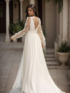 2026 Women's Wedding Dress Supply European and American Style Formal Dress Deep V-Neck Long Sleeve Wedding Gown Long Dress - Product Image 3
