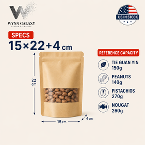 ถุงคราฟท์แบบตั้งได้ยี่ห้อ US Stock Private Label ขนาด 15*22*4 ซม. (6*8.7*1.6 นิ้ว) มีหน้าต่างใส ซิปล็อค ปิดผนึกได้ สำหรับใส่กาแฟ ถั่ว ขนม ชา รับผลิตแบบ OEM - Product Image 1