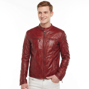 Men's Genuine Leather Bomber <b>Jacket</b> Slim Fit Soft Durable Trendy Biker Style <b>Waterproof</b> Outerwear <b>Red</b> Leather <b>Jackets</b> For Men - Product Image 1