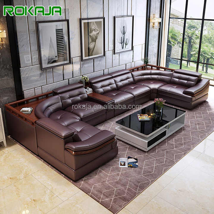 Luxury Design Leather Sofa Set Large Size Solid Wood Corner Sofa Living