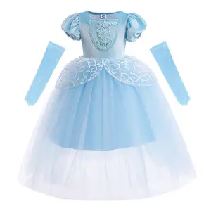 Vestido de niña europea y americana Venta al por mayor Cosplay Cenicienta Vestido de princesa Paneles de encaje Mangas abullonadas Vestido de niños