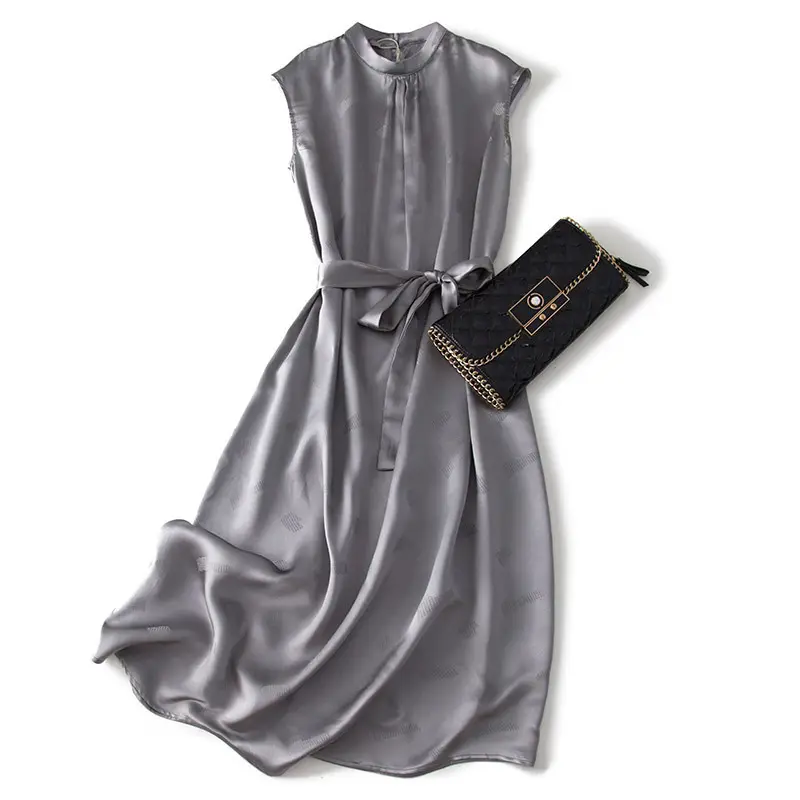 2021 Luxury Fashion Office Ladies Elegant Outwear Grey Sleeveless Sashes Long Silk Dress Women Summer