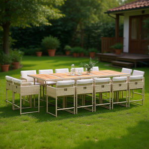 Ensemble de salle à manger d'extérieur en rotin beige, 15 pièces, mobilier de jardin, table et chaises de patio, style contemporain, résistant aux intempéries - Product Image 2