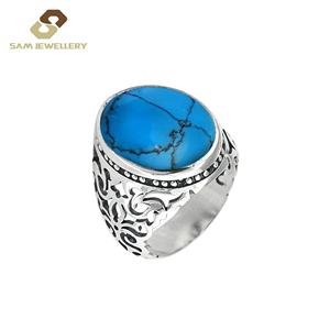 디자이너 페로자 이슬람 반지 남성용 # 39;s 웨딩 링 주얼리 925 스털링 실버 집시 세팅 오벌 블루 터쿼이즈 링 - Product Image 3