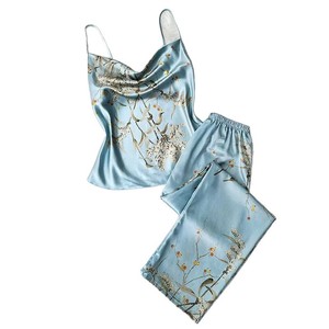 Ensemble gilet et pantalon en soie simulée, pyjama décontracté imprimé dos nu, tenue d'intérieur estivale tendance pour femme. - Product Image 5