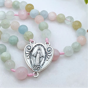 宗教的な母メアリー聖母奇跡的なメダルロザリオモルガナイトビーズカトリック結び目ロザリオと十字架 - Product Image 6