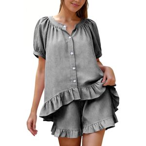 FOXA Ensemble pyjama 2 pièces pour femme, haut à volants rayé en coton, short, vêtements de nuit, tenue Y2k - Product Image 1