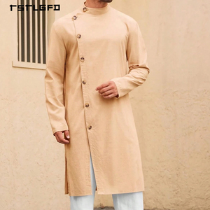 Men Cotton <b>Kaftan</b> Thobe Asymmetric Button Down Stand Collar Long Sleeve Relaxed Mid-Length Boho Casual Modest Maxi Shirt Robe - Product Image 2