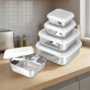 Detachable Stainless Steel <b>Square</b> Lid Bowls Food <b>Container</b> Classic <b>Plastic</b> Lid 350ml Capacity Eco-Friendly Glossy Finish Mayur - Product Image 3