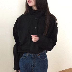 Diseño personalizado <span class=keywords><strong>de</strong></span> otoño elegante cuello alto <span class=keywords><strong>boca</strong></span> inclinada suelta Color sólido Casual manga larga blusa camisas para mujeres - Product Image 5