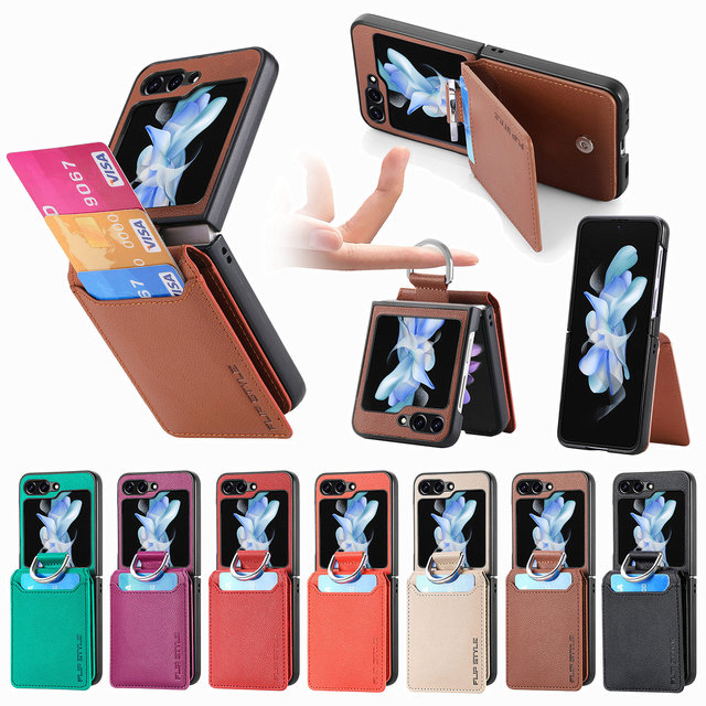 Unique Leather Wallet Flip Phone Case for Samsung Galaxy Z Flip 7 6 5 Ring Card Holder Cover with Stylish Accessory