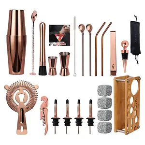 Stainless Steel 304 Bar Tool Set 24 Pieces Cocktail Shaker Set Professional Mixology Cocktail Kit With Bamboo Wood Stand