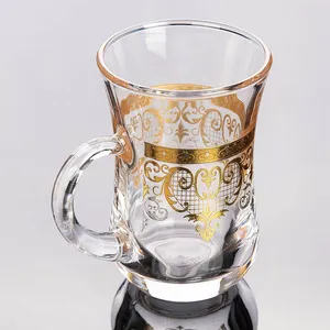 Padrão De Ouro Estilo Turco Copo De Vidro E Pires Set Atacado Retro Copo De Caneca De Café Conjuntos Com Aro De Ouro