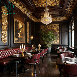 Ensemble de table et de chaises de café rondes en bois de style européen classique, banquette en cuir rouge semi-circulaire, ensemble de meubles de restaurant - Product Image 2