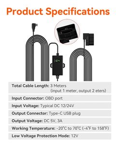 WOLFBOX USB C Hardwire Kit OBD Hard Wire Car Charger Cable 12V-<b>24V</b> 5V Avoid Dash Cam <b>Battery</b> Drain - Product Image 2