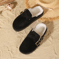 Nouvelles pantoufles d'intérieur pour femmes, mode automne-hiver, bout rond, noires, en velours épais, chaudes, à semelle épaisse, mules à enfiler, pantoufles décontractées