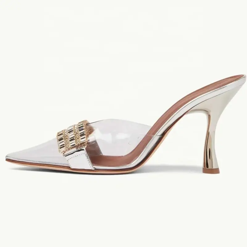 Clear PVC Upper Women Thin Heels Mules Transparent Diamonds Slides Shoes Sexy Fashion Sandals Silver Ladies Dress Slippers