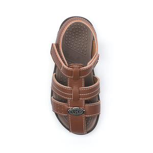 Fabrication sous contrat, Vente en gros de sandales pour garçons et enfants, en PU beige, à lanières romaines et emblème métallique, chaussures décontractées de qualité pour l'école - Product Image 3