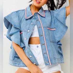 Veste en jean bohème pour femme, modèle tendance, avec manches à volants, brodée, en coton de haute qualité, coupe courte - Product Image 1