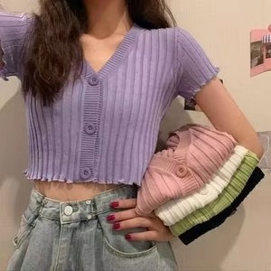 Stile coreano <span class=keywords><strong>Slim</strong></span> <span class=keywords><strong>Fit</strong></span> Sweet Ladies lavorato a maglia a maniche corte t-Shirt da donna <span class=keywords><strong>cardigan</strong></span> <span class=keywords><strong>cardigan</strong></span> con scollo a V - Product Image 1