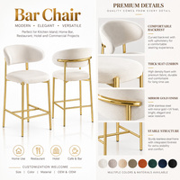 Tabouret de bar moderne en velours doré avec dossier, en acier inoxydable 201, hauteur de comptoir, pour îlot de cuisine, hôtel, vente en gros, direct usine