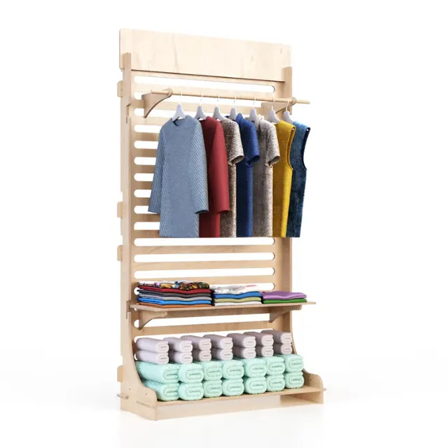 Étagères réglables à support de conception personnalisée italienne, présentoirs en bois à emboîtement pour magasin de vêtements