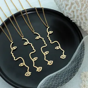 Tarnish free gold plated stainless steel necklace layered evil eye gold plated abstract eyes facial lines female body necklace