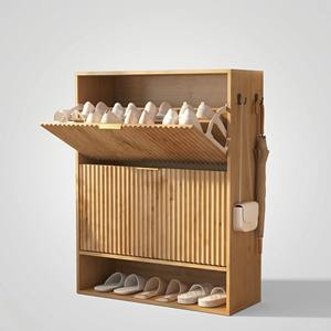 Lumio Modern Fluted Wood <strong>Shoe</strong> Cabinet 2 Flip Drawers Bottom Open Shelf Side Hooks Adjustable Shelves Freestanding Slim 24-35 - Product Image 2