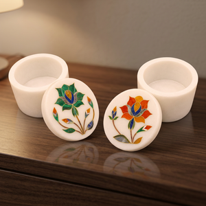 Handmade Premium Quality Stonecraft International MOP045 Marble Exterior Mother Pearl Jewelry <b>Box</b> Floral Pattern Engraved Design - Product Image 4