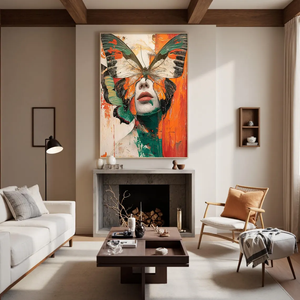 Dipinto Astratto di Donna con Farfalle, <span class=keywords><strong>Arte</strong></span> Murale Surreale Figurativa, Opera d'<span class=keywords><strong>Arte</strong></span> Originale Testurizzata in Arancione e Verde, Ritratto Moderno - Product Image 6