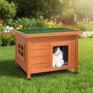 Maison pour chat moderne en <span class=keywords><strong>bois</strong></span> pour jardin, abri extérieur pour chaton avec toit ouvrant résistant à l'eau et fenêtre d'intimité - Product Image 2