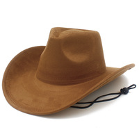 Nouvel Arrivage Chapeau de Cowboy Western en Daim Couleur Unie, Chapeau de Cowboy Vintage à Large Bord avec Sangle Mentonnière pour Hommes et Femmes pour Fête