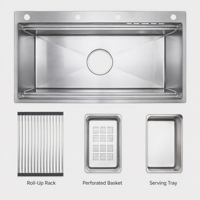 Évier de cuisine à cuve unique en acier inoxydable SUS304 noir mat de style coréen, fait main, avec panier et support enroulable en option