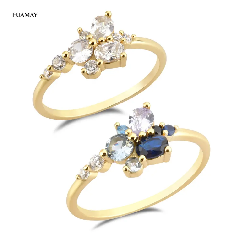 FUAMAY 925 Sterling Silver Dark Blue Crystal Diamond Rings Sapphire Engagement Cluster Rings Gold Plated