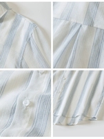 Chemisier décontracté pour femme en coton 100% teint en fil à rayures verticales, bleu pâle et blanc, col à revers, boutonnage, manches longues