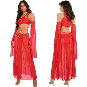 Conjunto de 3 piezas para danza del vientre para mujer: Top corto de un hombro, falda larga transparente, cinturón con monedas y mangas para brazos. Traje de danza oriental. - Product Image 2