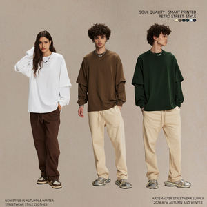 เสื้อยืดสตรีทแวร์ QD2163 สกรีนโลโก้ตามสั่ง ผ้าฝ้ายฟอกสี เสื้อยืดโอเวอร์ไซส์ ลายสองชั้น แขนยาว สำหรับผู้ชาย - Product Image 4