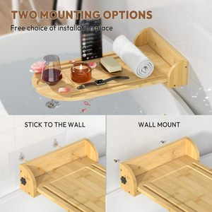Plateau de bain en bambou avec support mural pliable pour téléphone et vin, organiseur de rangement pour aromathérapie et savon de salle de bain - Product Image 1