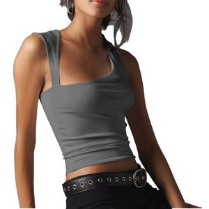 Women Solid Color Square Neck Spaghetti Strap Seamless <b>Crop</b> <b>Top</b> Fitness Yoga Bra Medium <b>Support</b> Activewear - Product Image 1