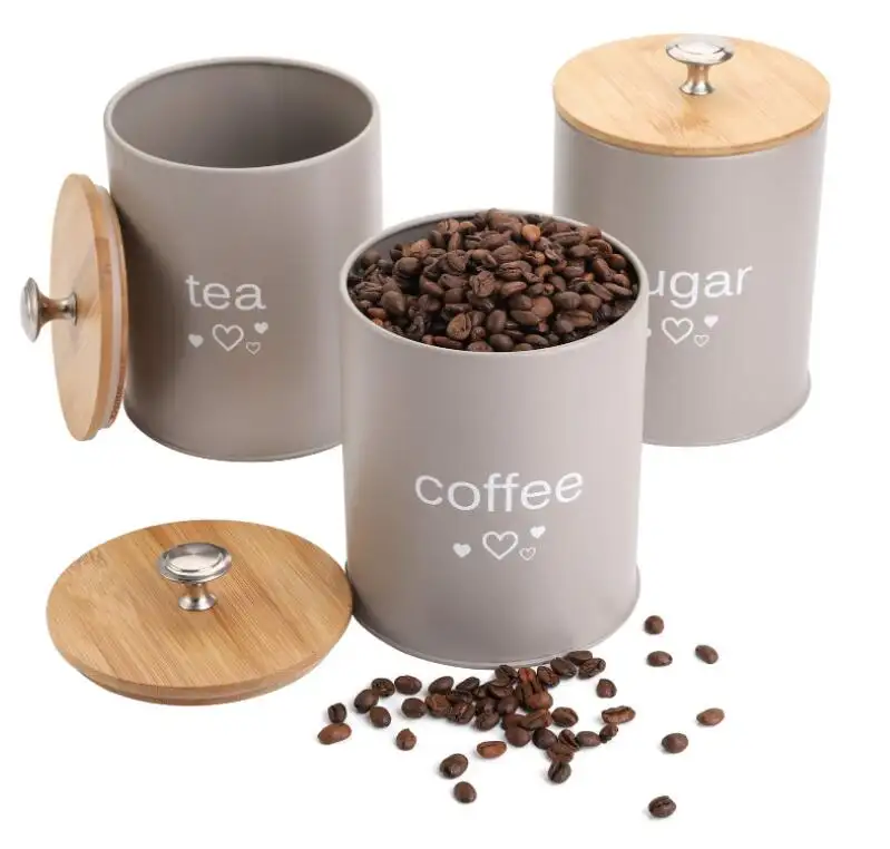 Juego de 3 botes de cocina para almacenamiento de café, azúcar y té, frascos con tapas de bambú para almacenar azúcar, café y té, color gris