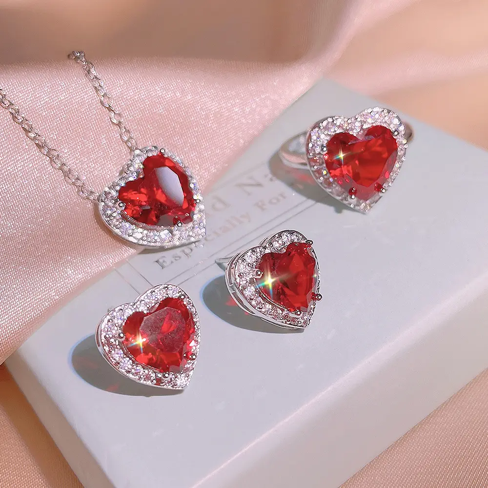 Indah 3Pcs Fashion Aksesoris Wanita Merah Hati Kubik Zircon Wanita Kalung Anting-Anting Set Perhiasan Terbaik Teman Hadiah